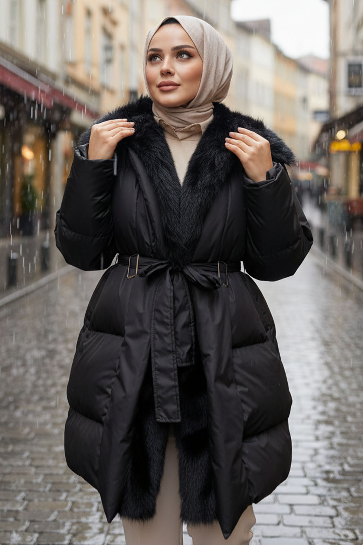 Fur Detailed Belted Coat