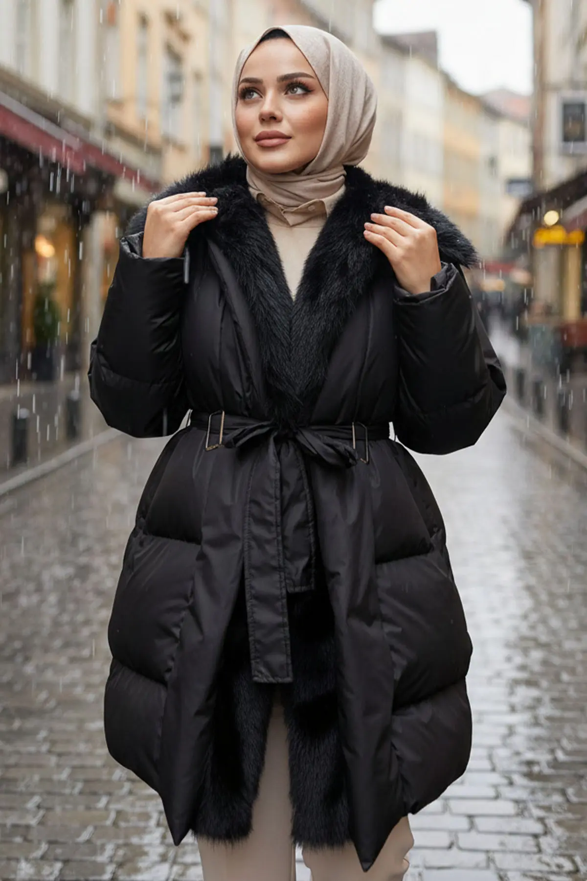 Fur Detailed Belted Coat