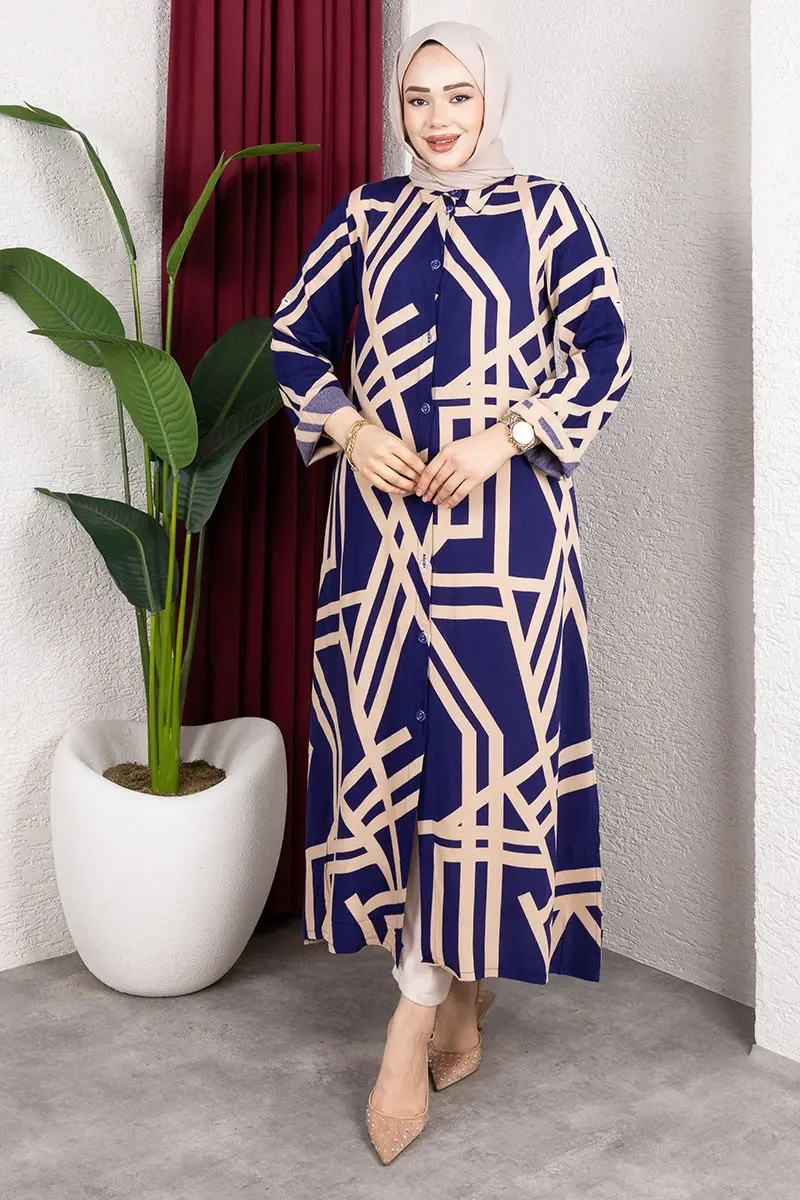 Geometric Pattern Long Viscose Tunic Navy Blue-detail