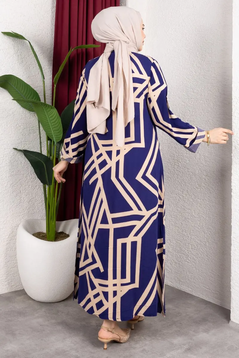 Geometric Pattern Long Viscose Tunic Navy Blue-detail
