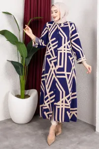 Geometric Pattern Long Viscose Tunic Navy Blue