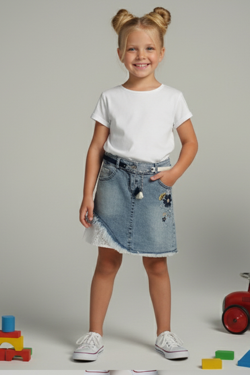 Girls' Embroidered Floral Denim Skirt With Lace Trim