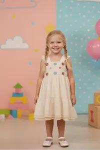 Girls' Embroidered Floral Smock Dress With Ruffle Sleeves