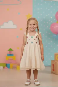 Girls' Embroidered Floral Smock Dress With Ruffle Sleeves