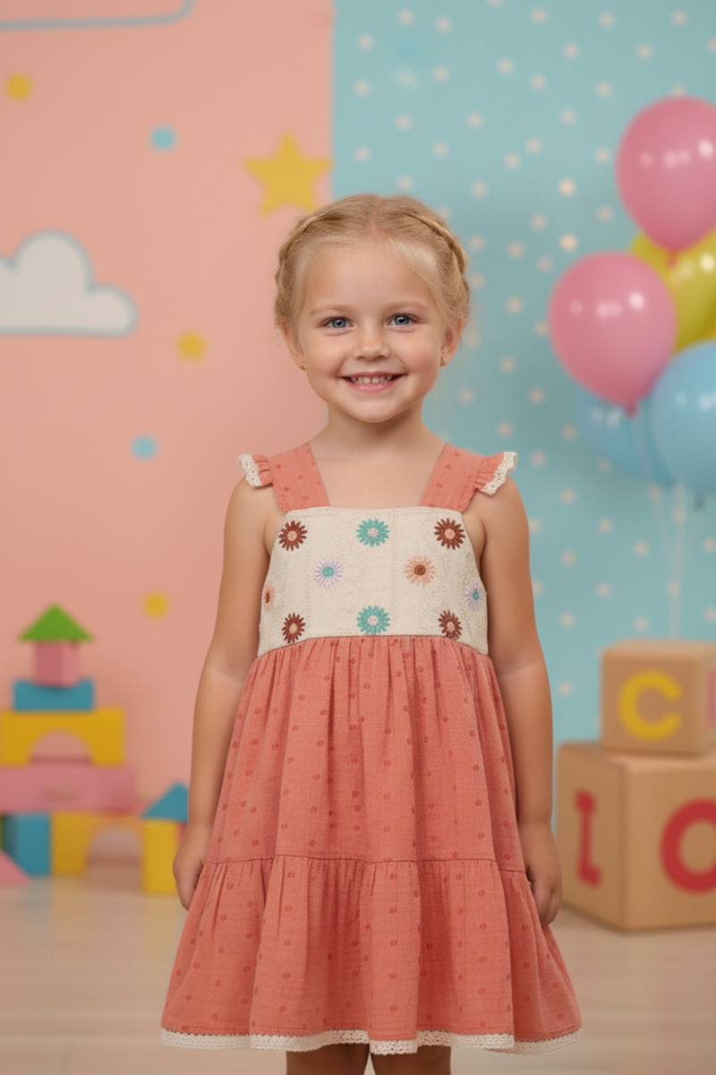 Girls' Embroidered Floral Smock Dress With Ruffle Sleeves