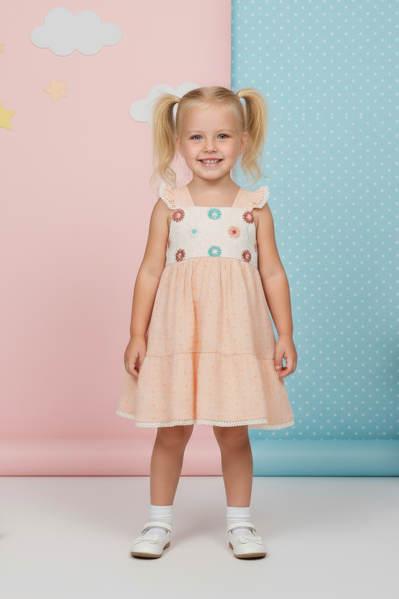 Girls' Embroidered Floral Smock Dress With Ruffle Sleeves