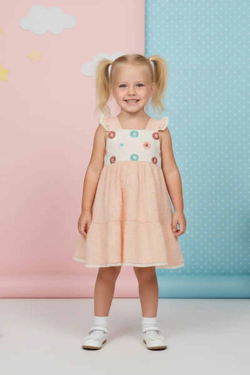 Girls' Embroidered Floral Smock Dress With Ruffle Sleeves