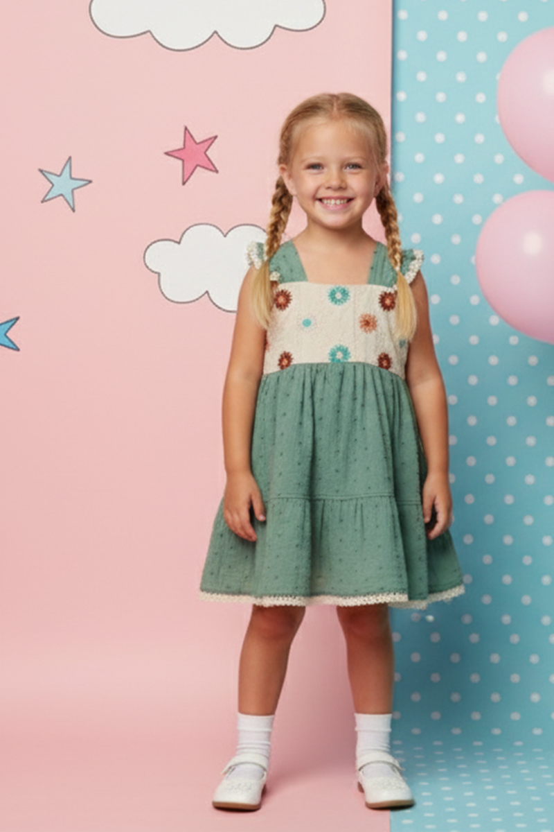 Girls' Embroidered Floral Smock Dress With Ruffle Sleeves