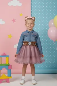 Girl's Floral Embroidered Denim Top & Tulle Skirt Dress