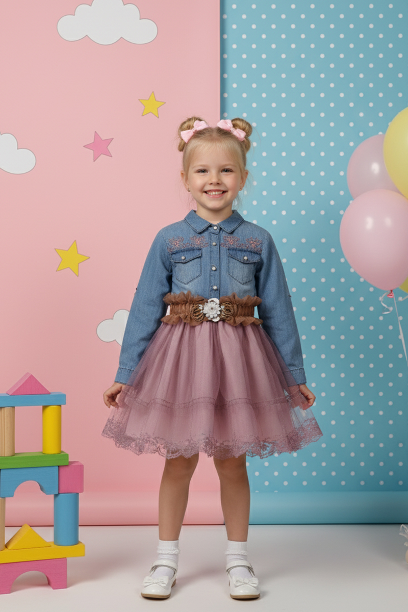 Girl's Floral Embroidered Denim Top & Tulle Skirt Dress