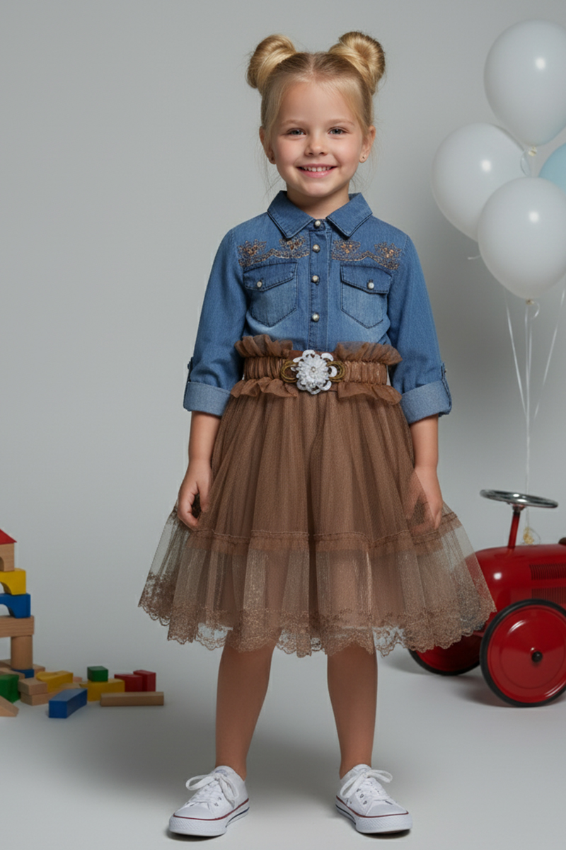 Girl's Floral Embroidered Denim Top & Tulle Skirt Dress