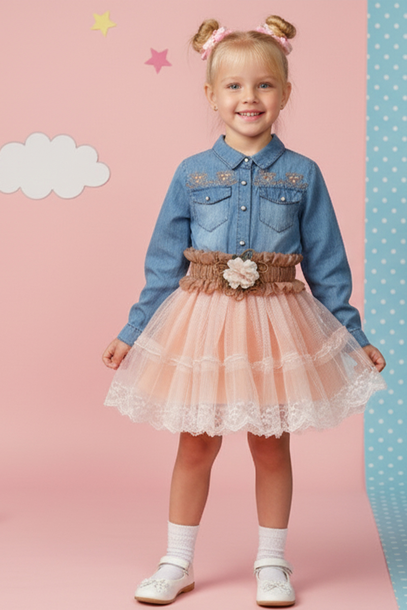 Girl's Floral Embroidered Denim Top & Tulle Skirt Dress