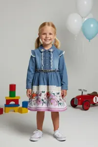 Girls' Floral Print Denim Dress With Belt