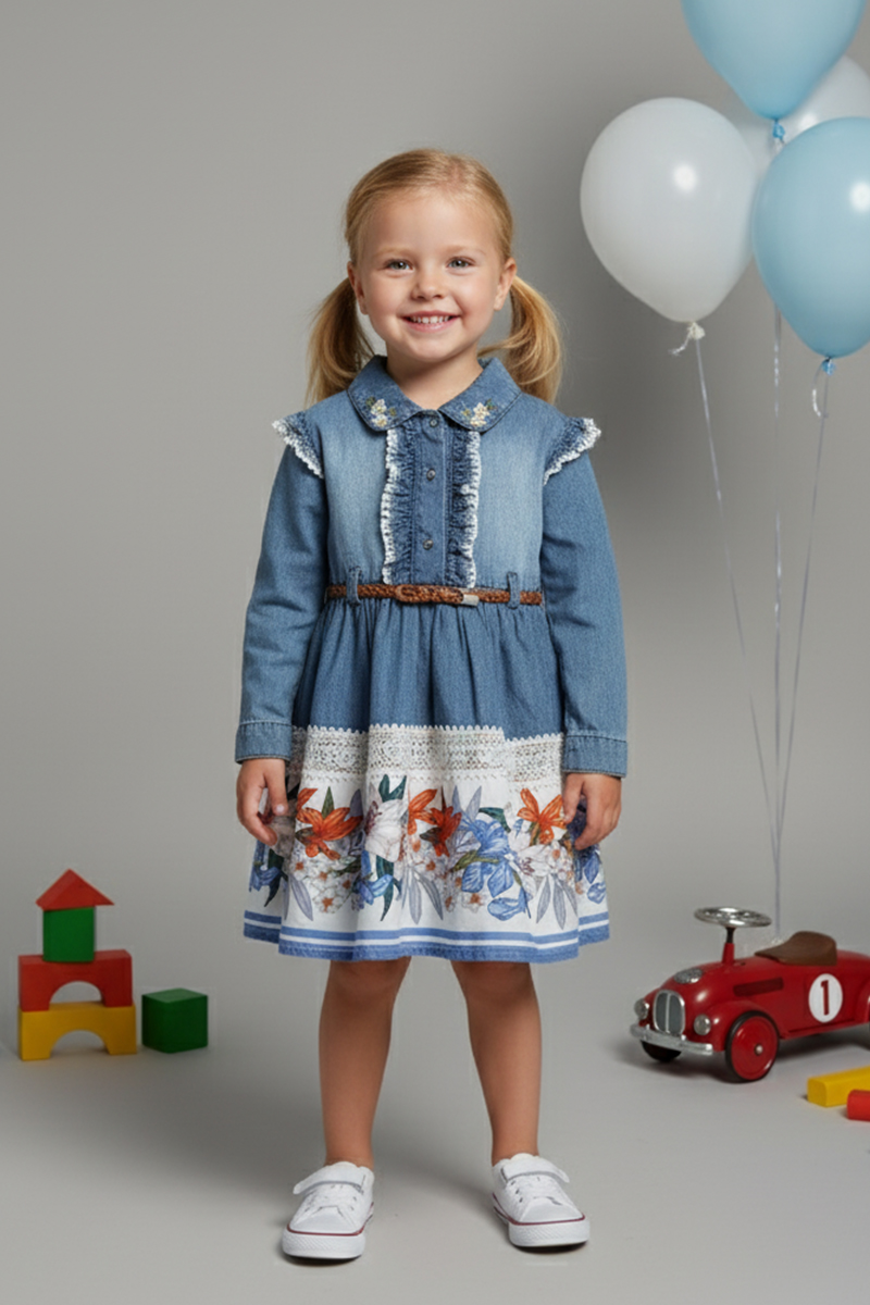Girls' Floral Print Denim Dress With Belt