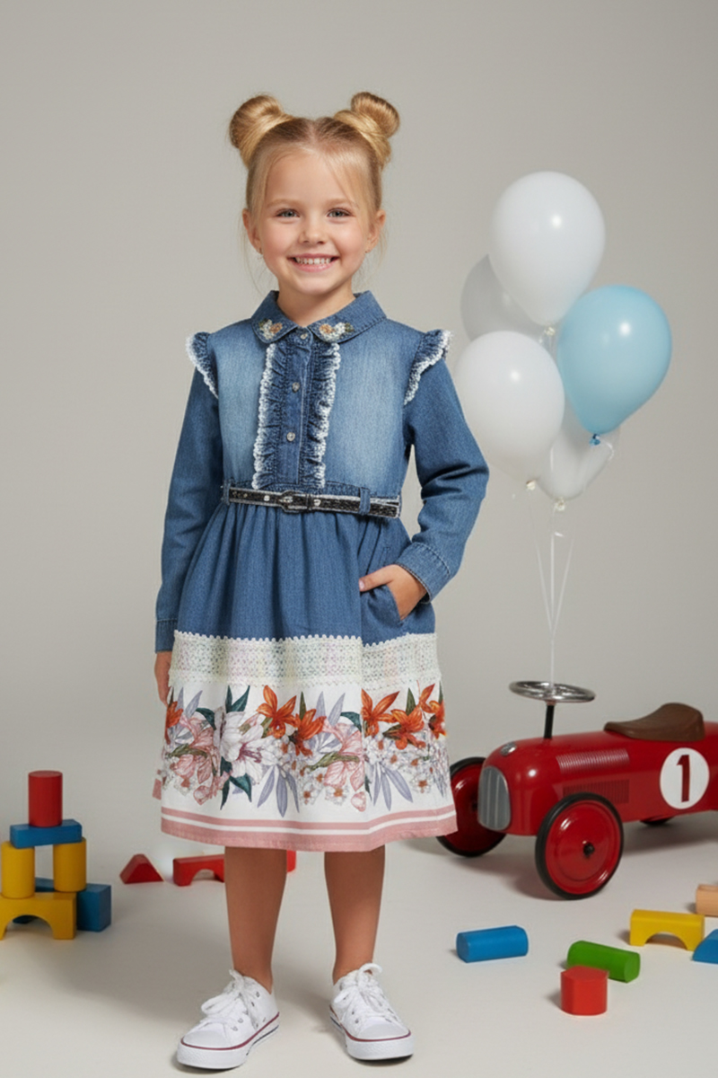 Girls' Floral Print Denim Dress With Belt