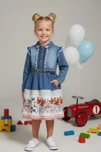Girls' Floral Print Denim Dress With Belt