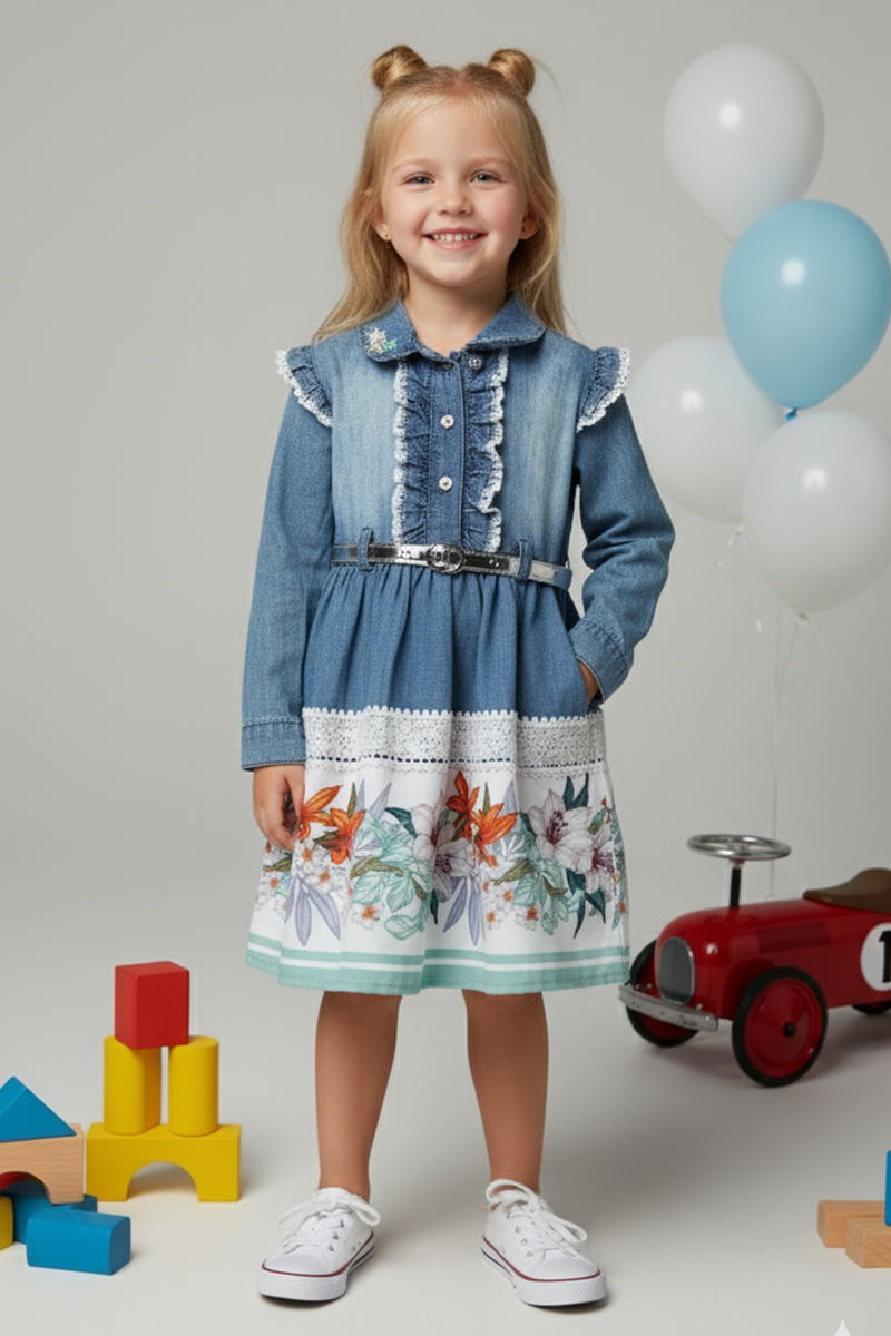 Girls' Floral Print Denim Dress With Belt