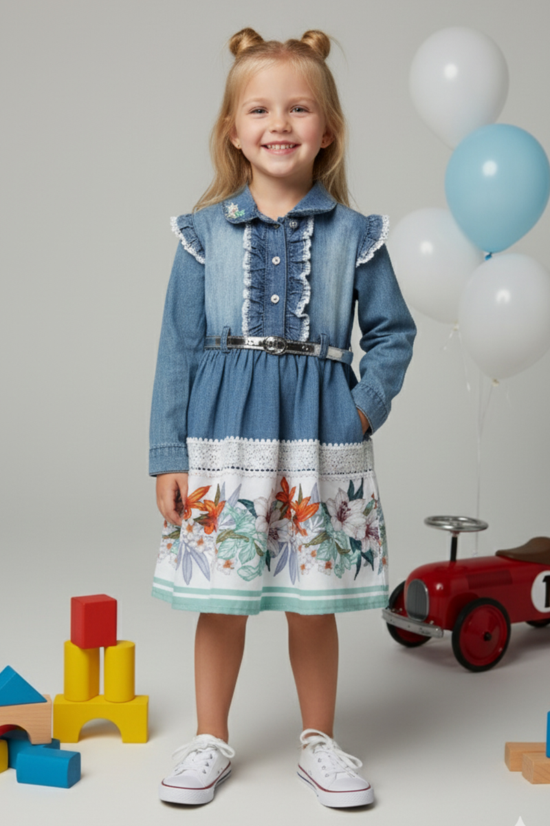 Girls' Floral Print Denim Dress With Belt