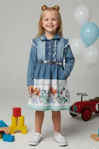 Girls' Floral Print Denim Dress With Belt