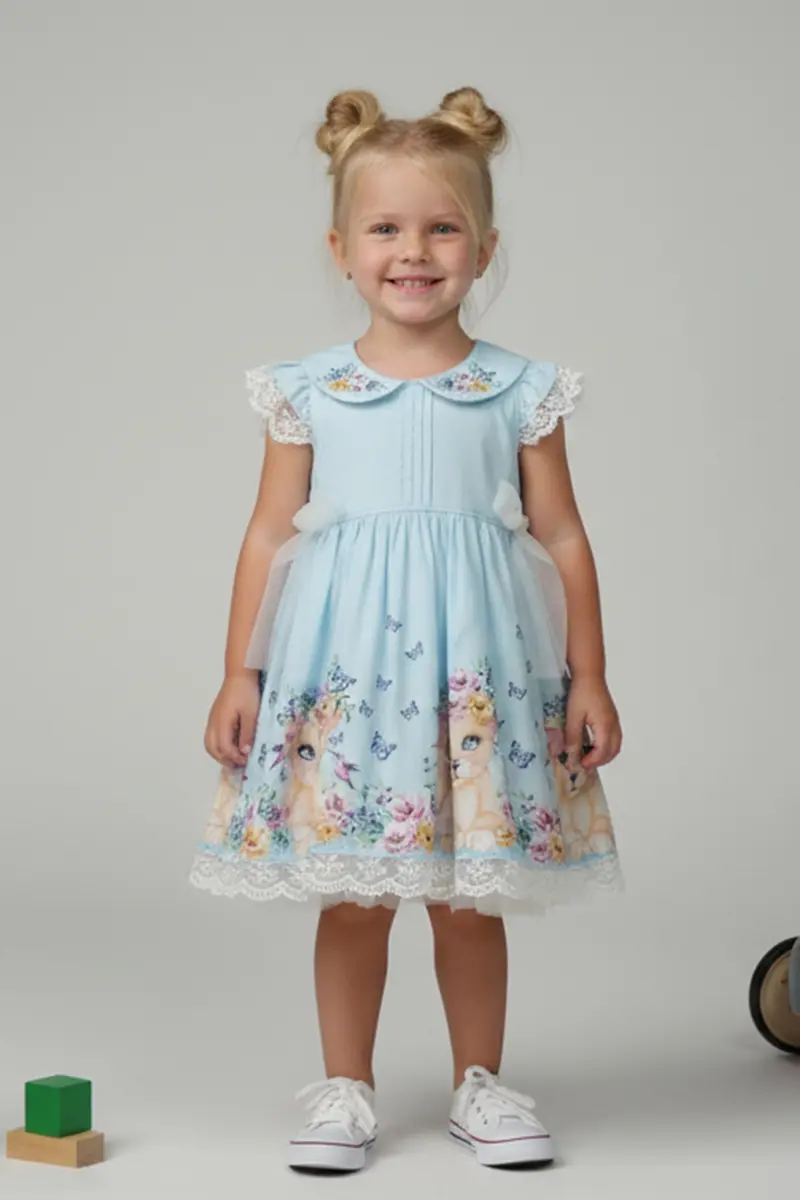 Girls' Floral Print Dress And Ruffle Denim Jacket Set-detail