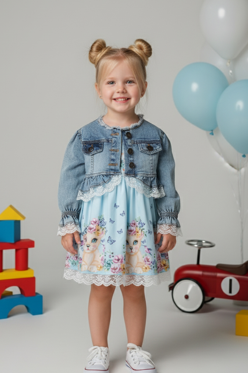 Girls' Floral Print Dress And Ruffle Denim Jacket Set