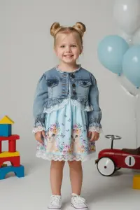 Girls' Floral Print Dress And Ruffle Denim Jacket Set