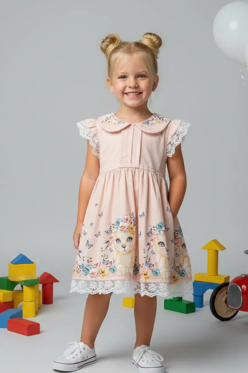 Girls' Floral Print Dress And Ruffle Denim Jacket Set-detail