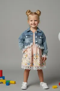 Girls' Floral Print Dress And Ruffle Denim Jacket Set