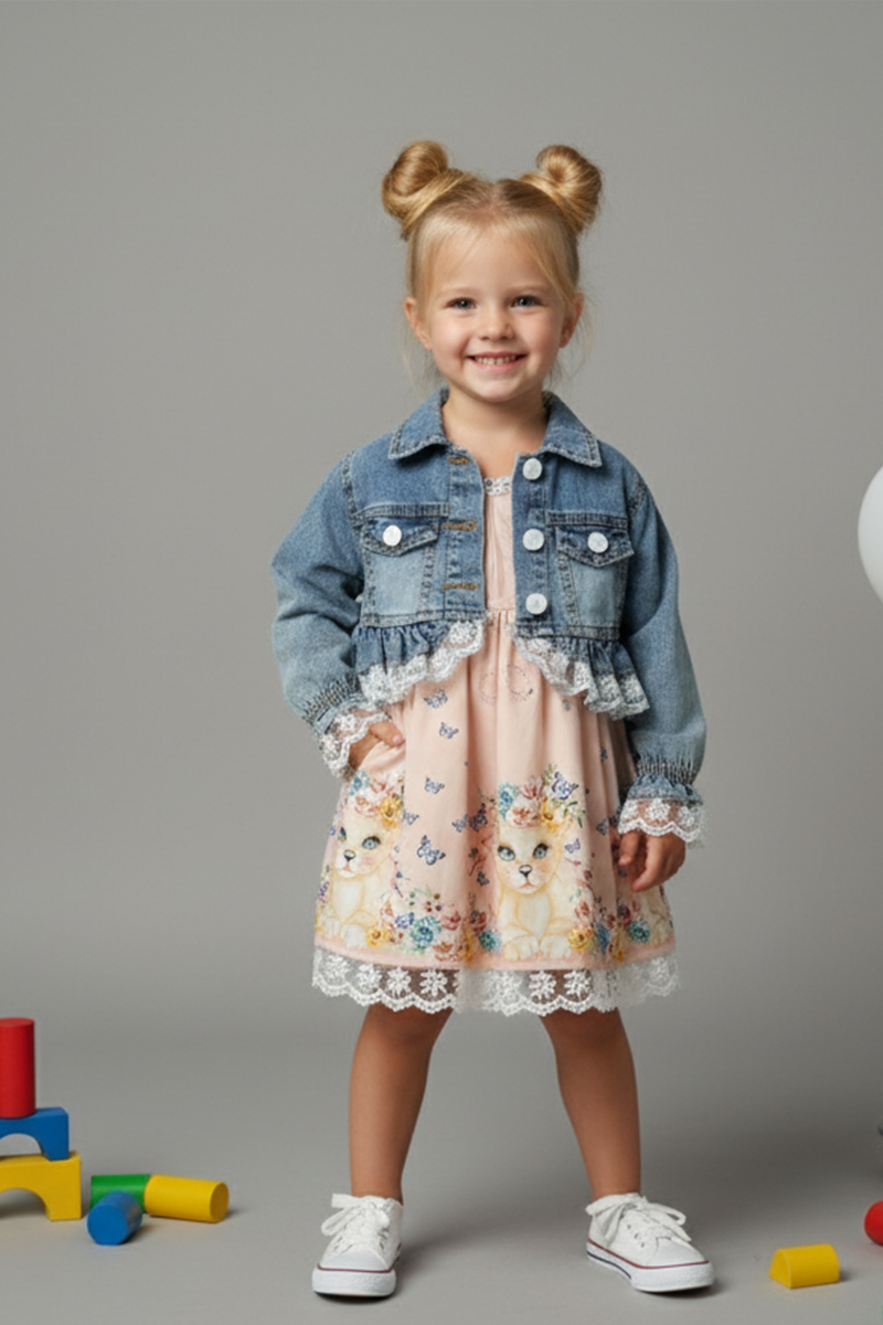 Girls' Floral Print Dress And Ruffle Denim Jacket Set