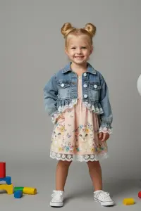 Girls' Floral Print Dress And Ruffle Denim Jacket Set