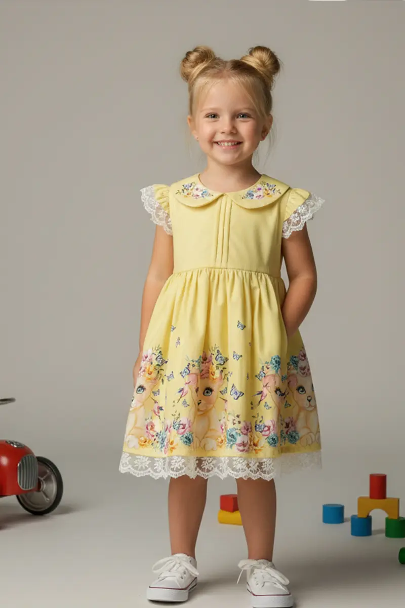 Girls' Floral Print Dress And Ruffle Denim Jacket Set-detail