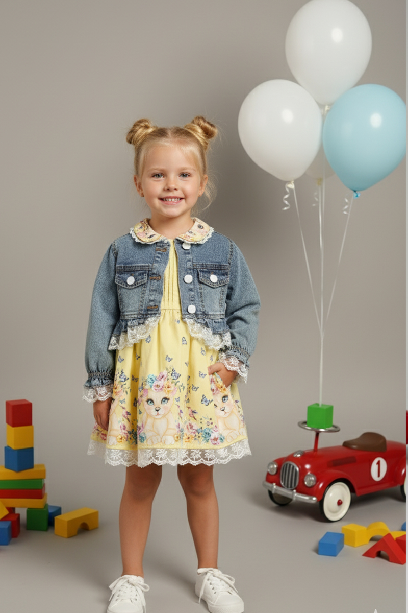 Girls' Floral Print Dress And Ruffle Denim Jacket Set