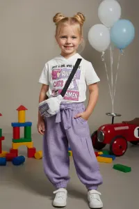 Girls' Patterned T-shirt, Harem Pants, And Belt Bag 3-piece Set