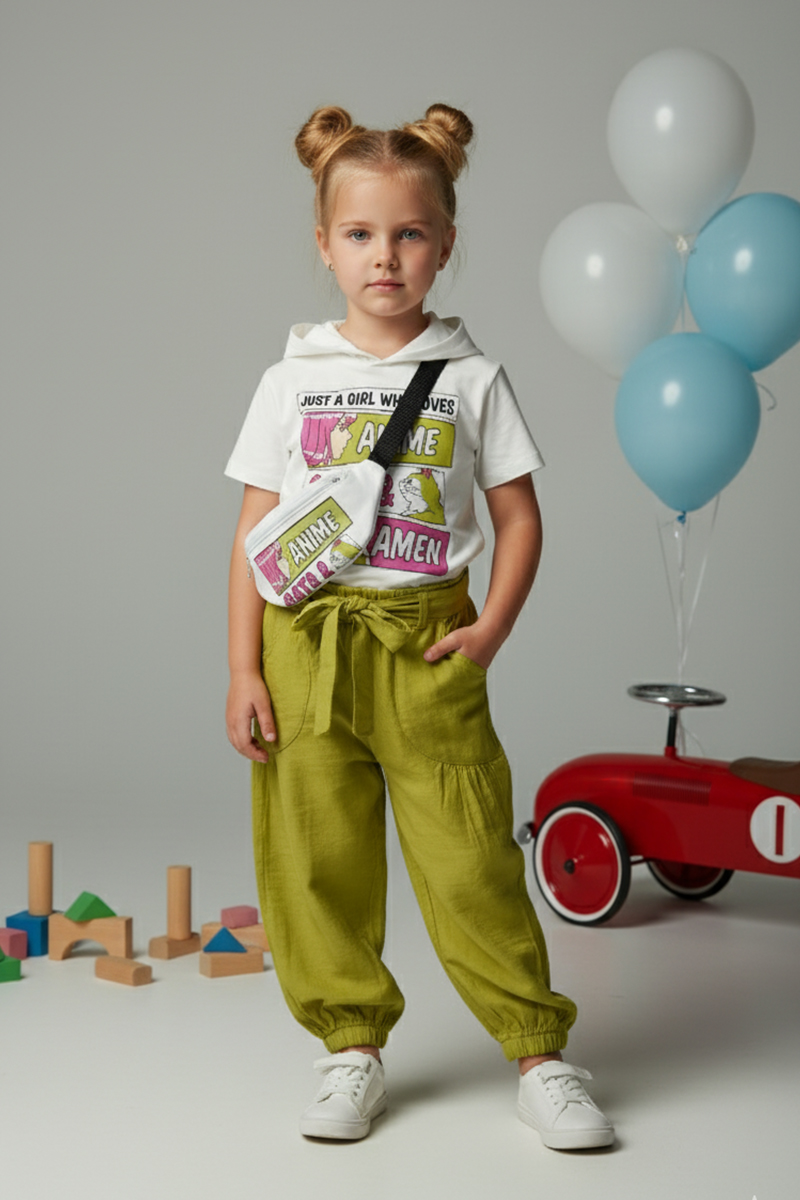 Girls' Patterned T-shirt, Harem Pants, And Belt Bag 3-piece Set