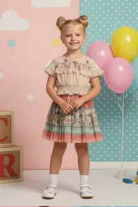 Girls' Ruffle Blouse And Pleated Floral Skirt 2 Pieces Set