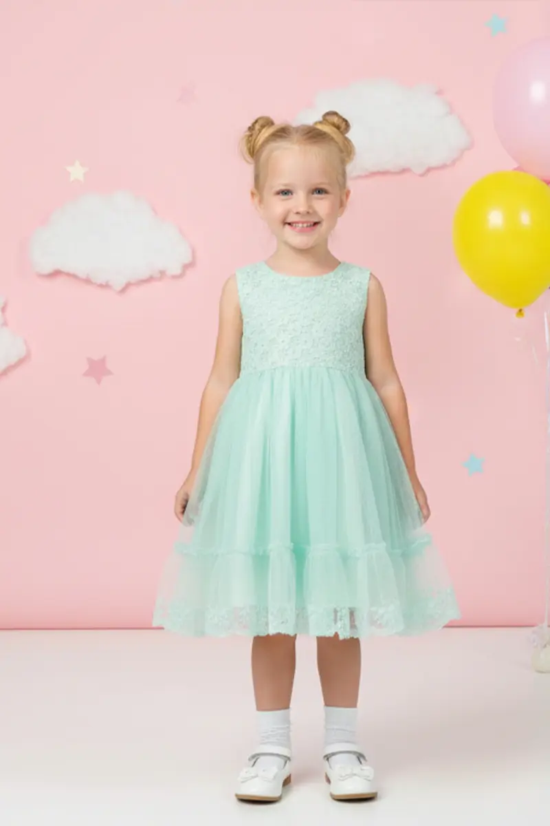 Girls' Tulle Dress And Denim Jacket Set With Lace Trim-detail