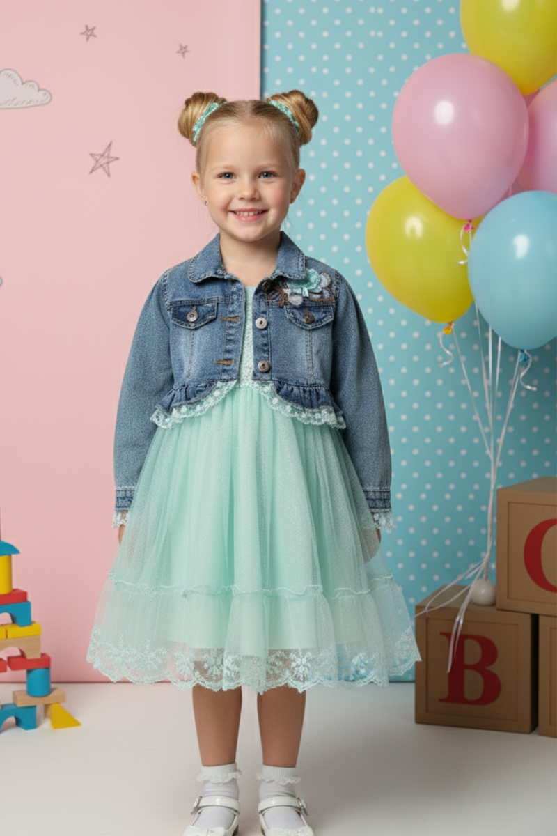 Girls' Tulle Dress And Denim Jacket Set With Lace Trim