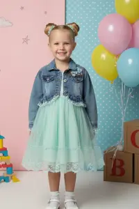 Girls' Tulle Dress And Denim Jacket Set With Lace Trim