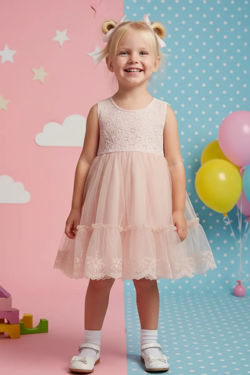 Girls' Tulle Dress And Denim Jacket Set With Lace Trim-detail