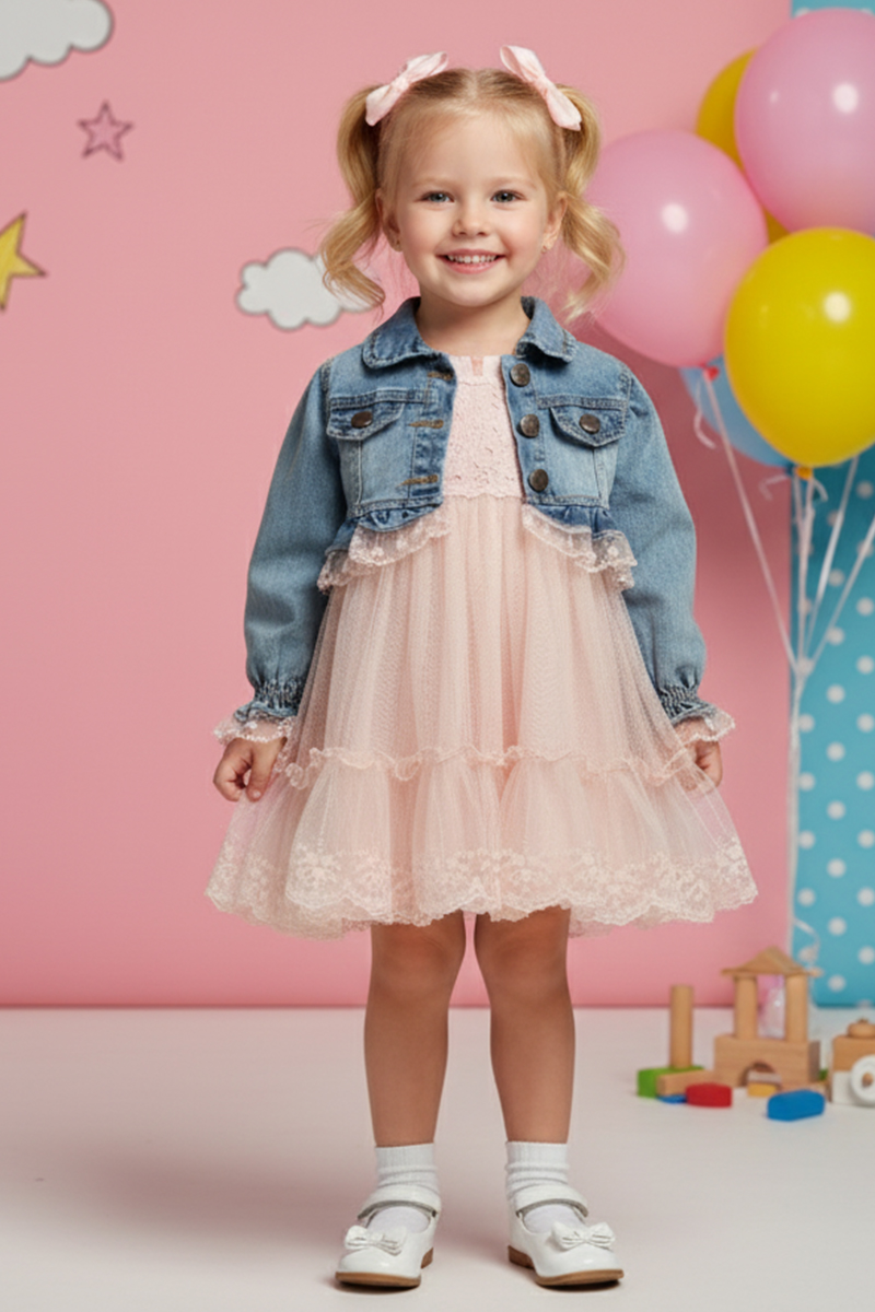 Girls' Tulle Dress And Denim Jacket Set With Lace Trim