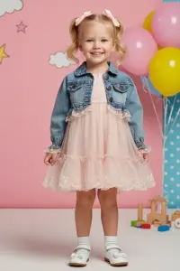 Girls' Tulle Dress And Denim Jacket Set With Lace Trim