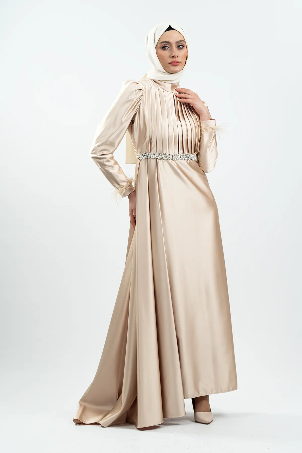 Gold Green Satin Evening Dress-detail