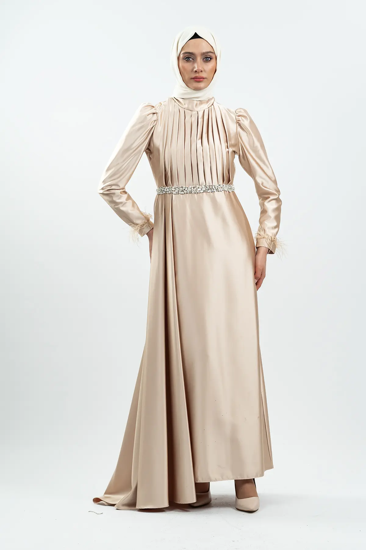 Gold Green Satin Evening Dress-detail