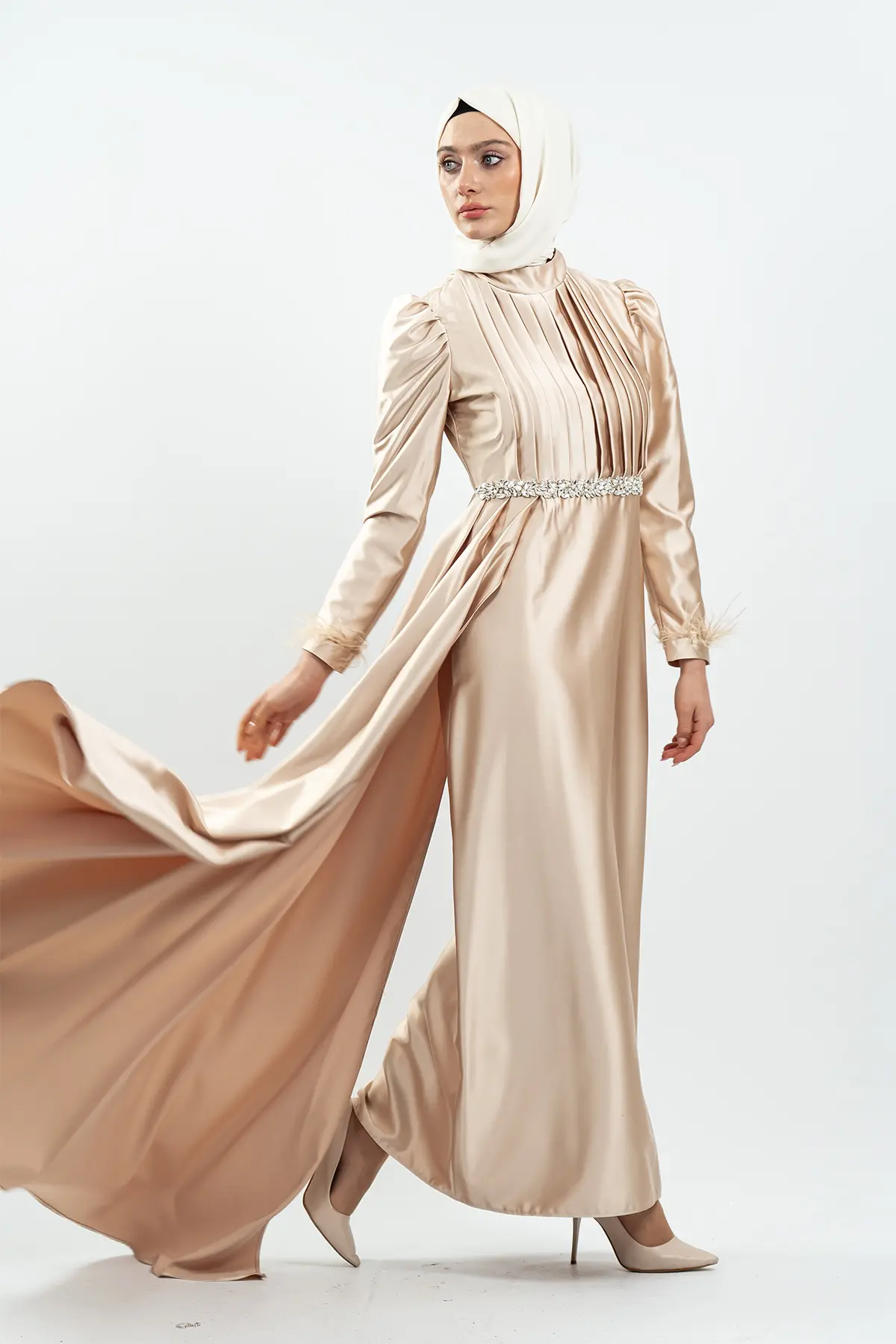 Gold Green Satin Evening Dress-detail