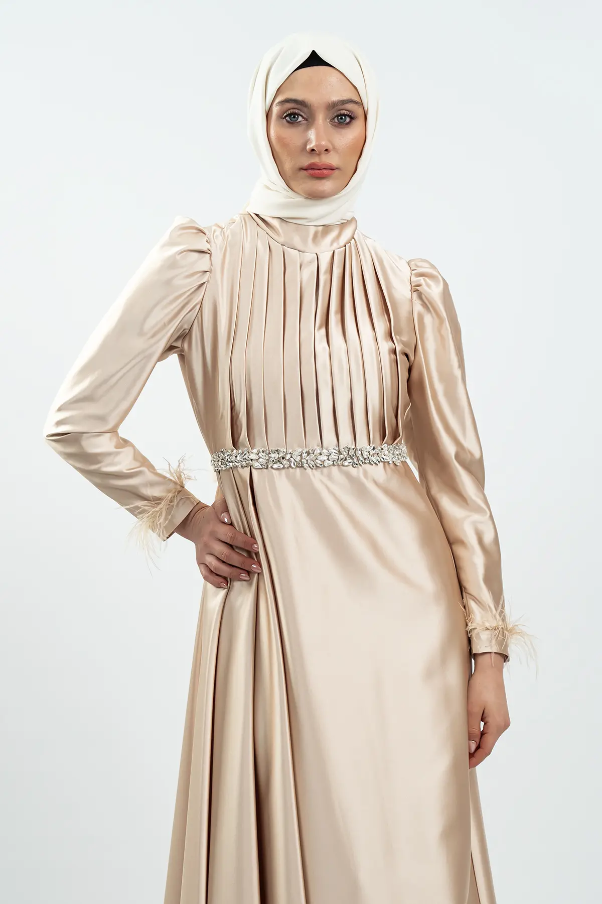 Gold Green Satin Evening Dress-detail