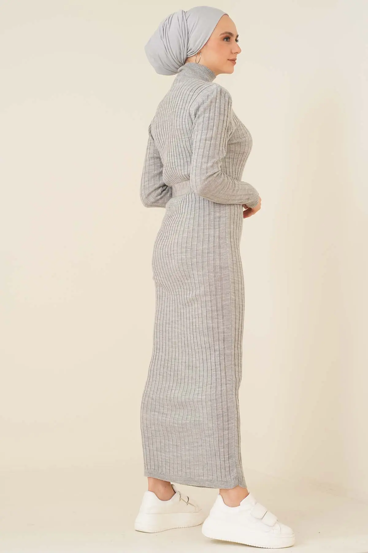 Gray Colour Half Neck Knitwear Dress-detail