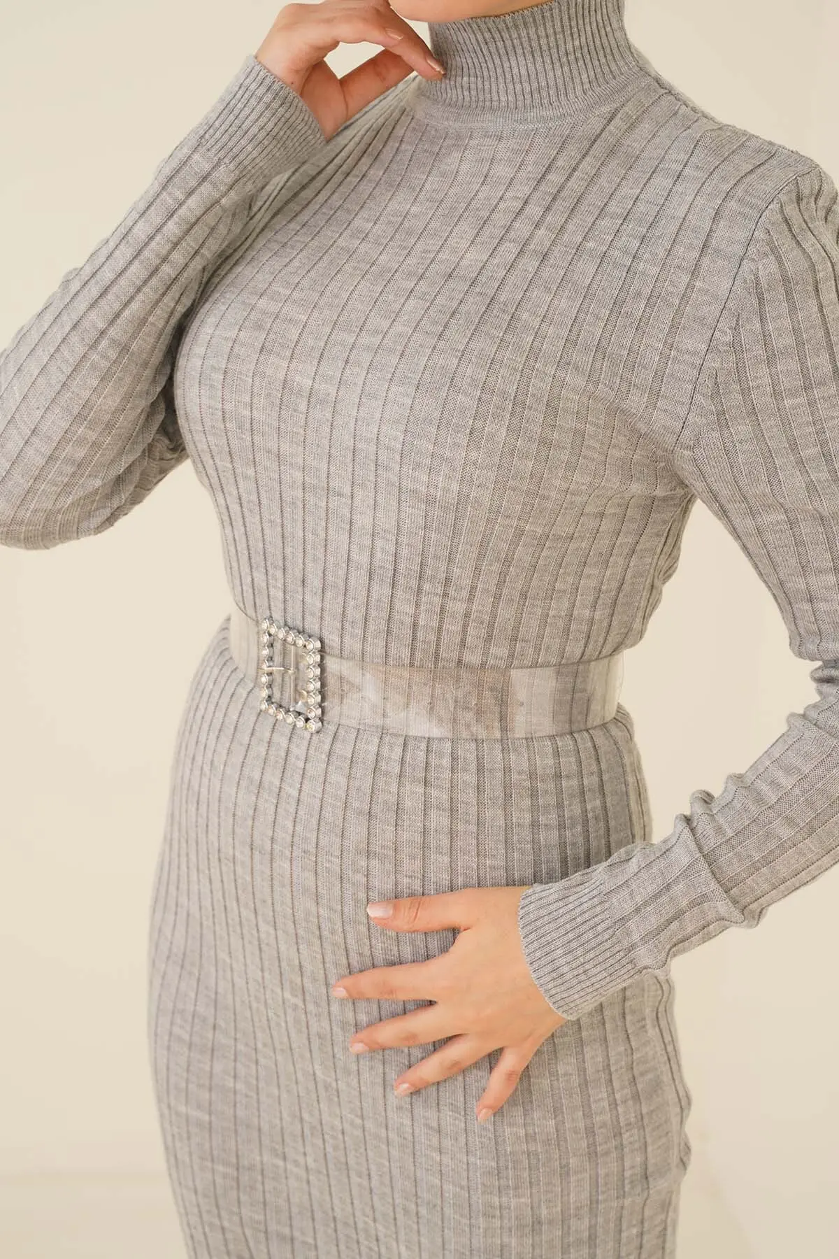 Gray Colour Half Neck Knitwear Dress-detail