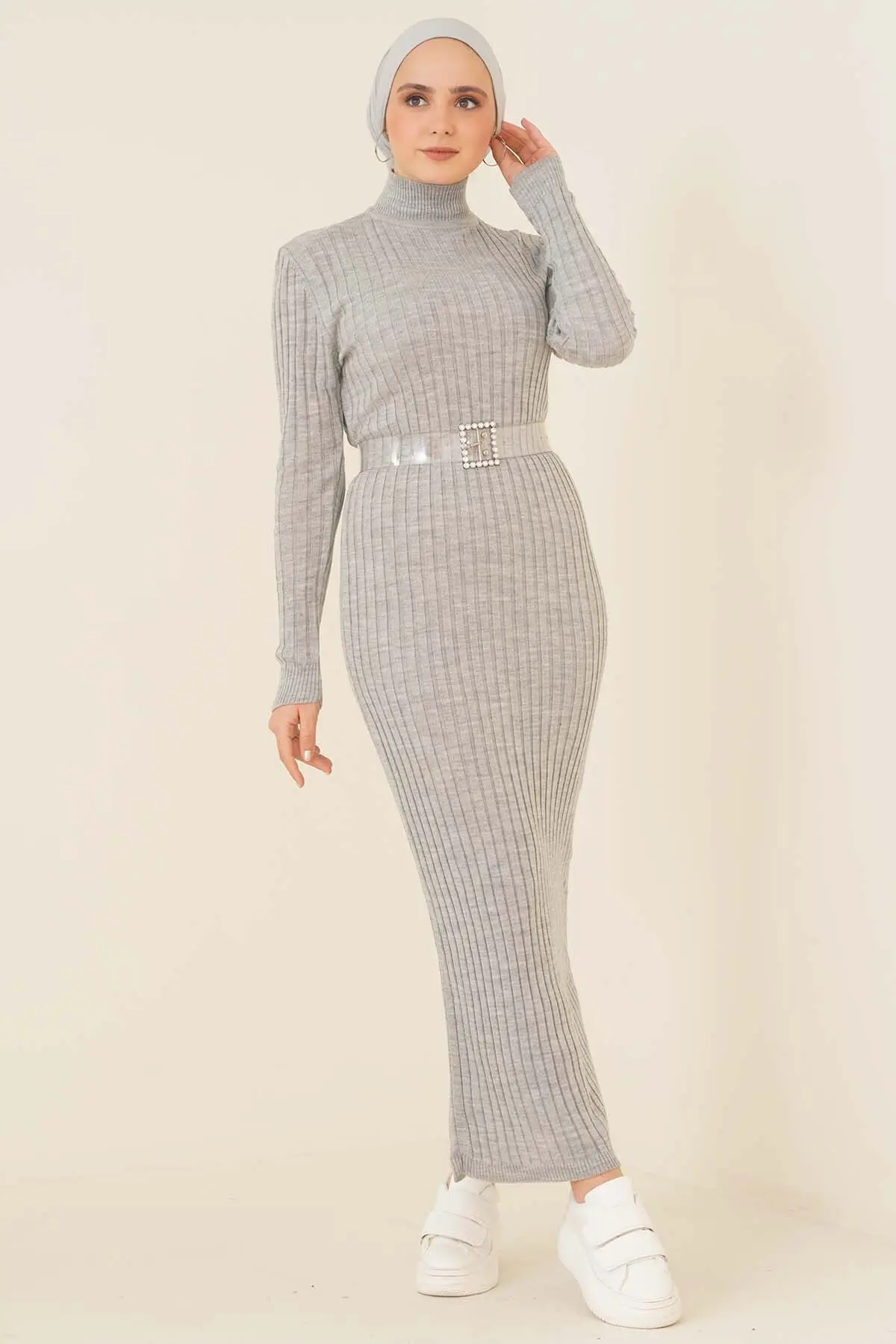 Gray Colour Half Neck Knitwear Dress