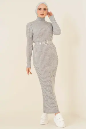Gray Colour Half Neck Knitwear Dress