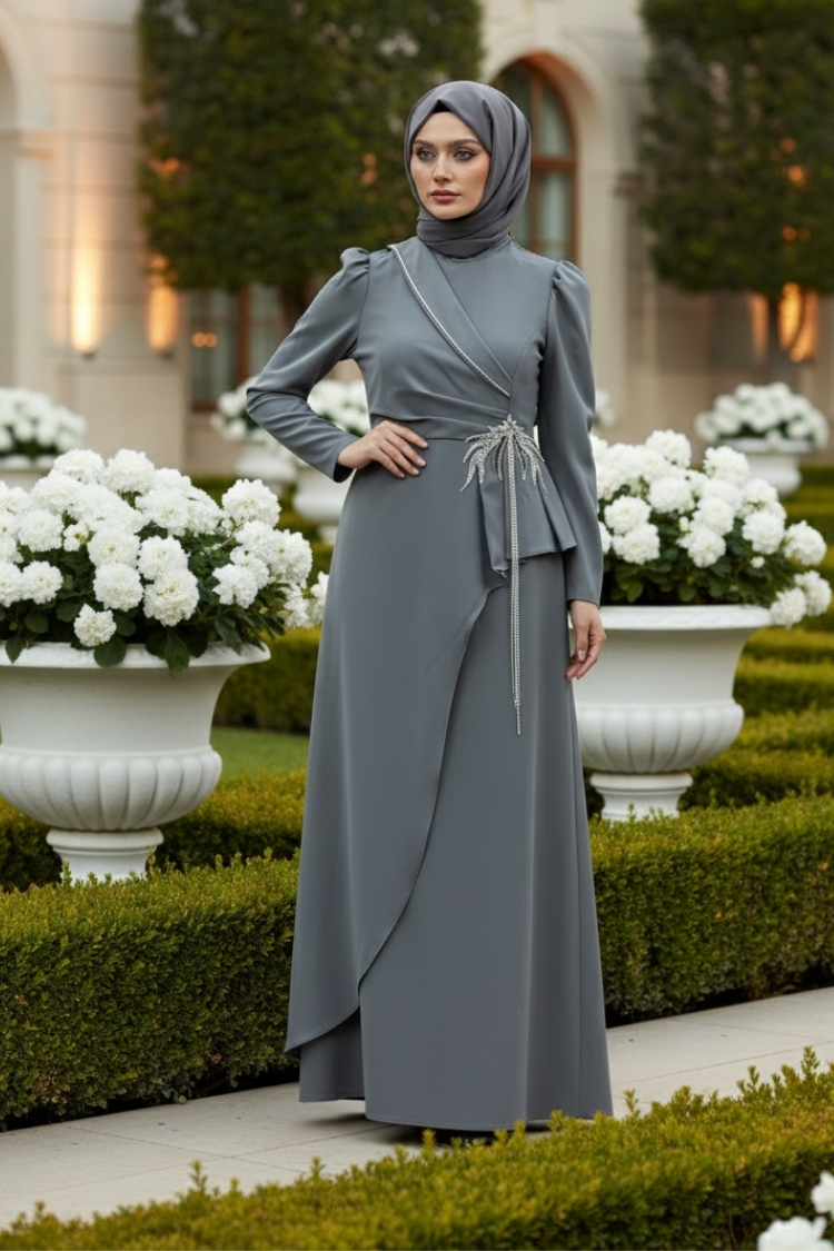 Grey Stone Detailed Evening Dress